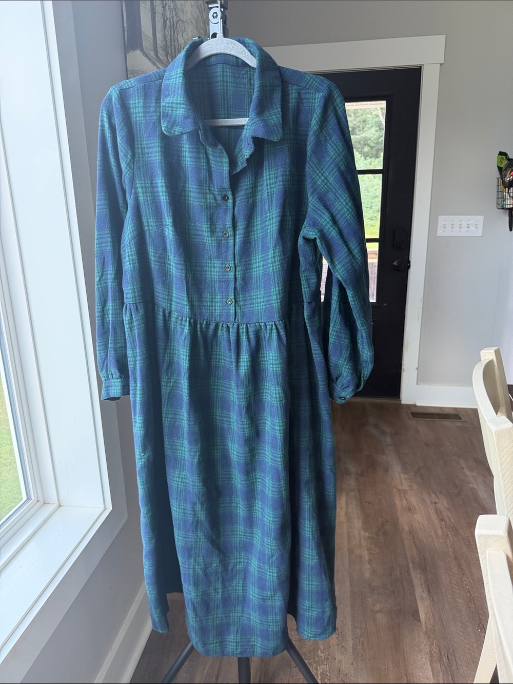 Plaid Long Sleeve Button Front Midi Dress - Green & Navy